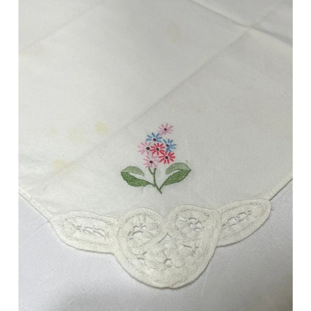 Vintage Hanky Handkerchief Dollie Floral Embroidery Lace Grandma Handmade LN